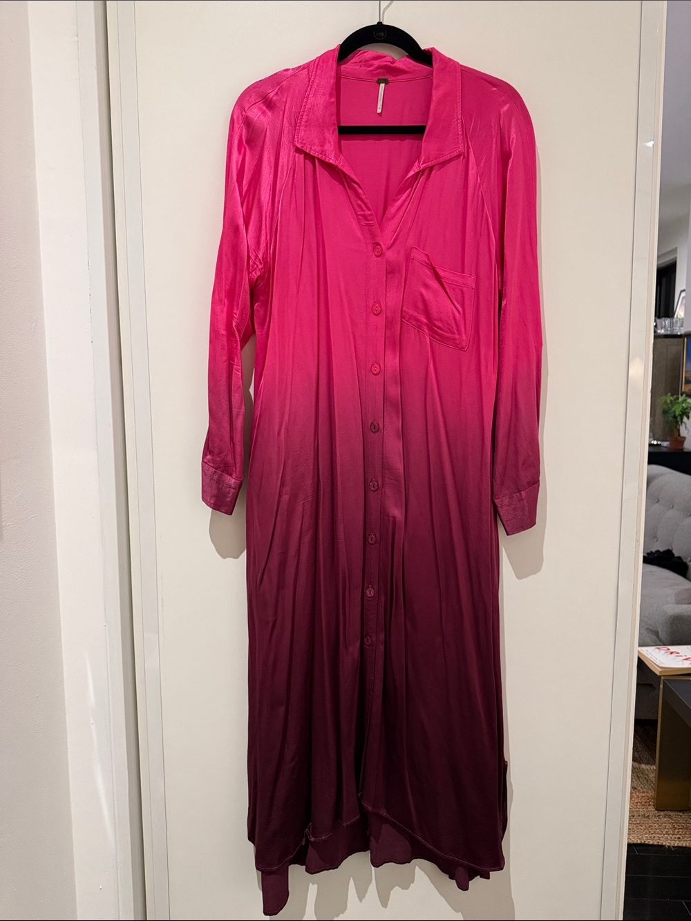 Long Sleeve Ombre Maxi Shirt Dress - Hot Pink to Plum. With pockets!